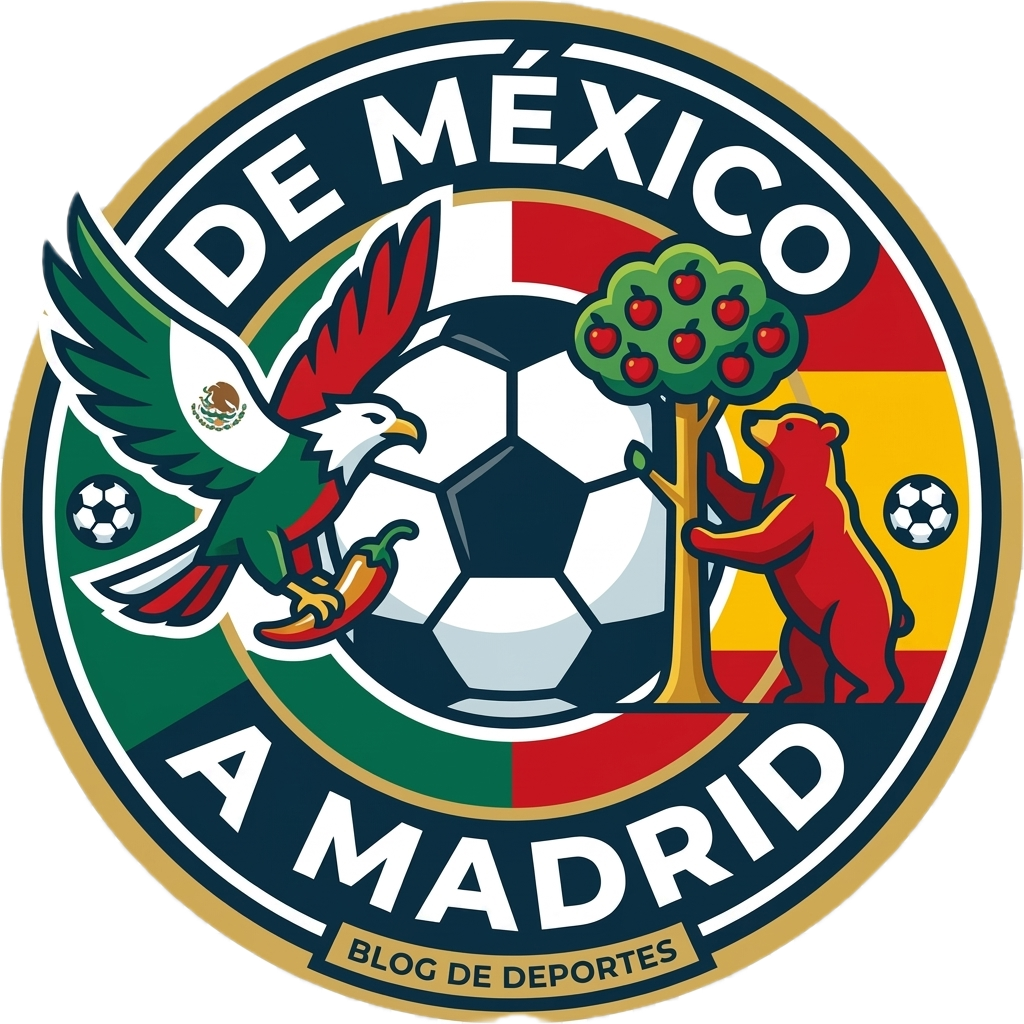 Logotipo circular oficial del blog De México a Madrid con un balón de fútbol, un águila mexicana y el oso y el madroño.